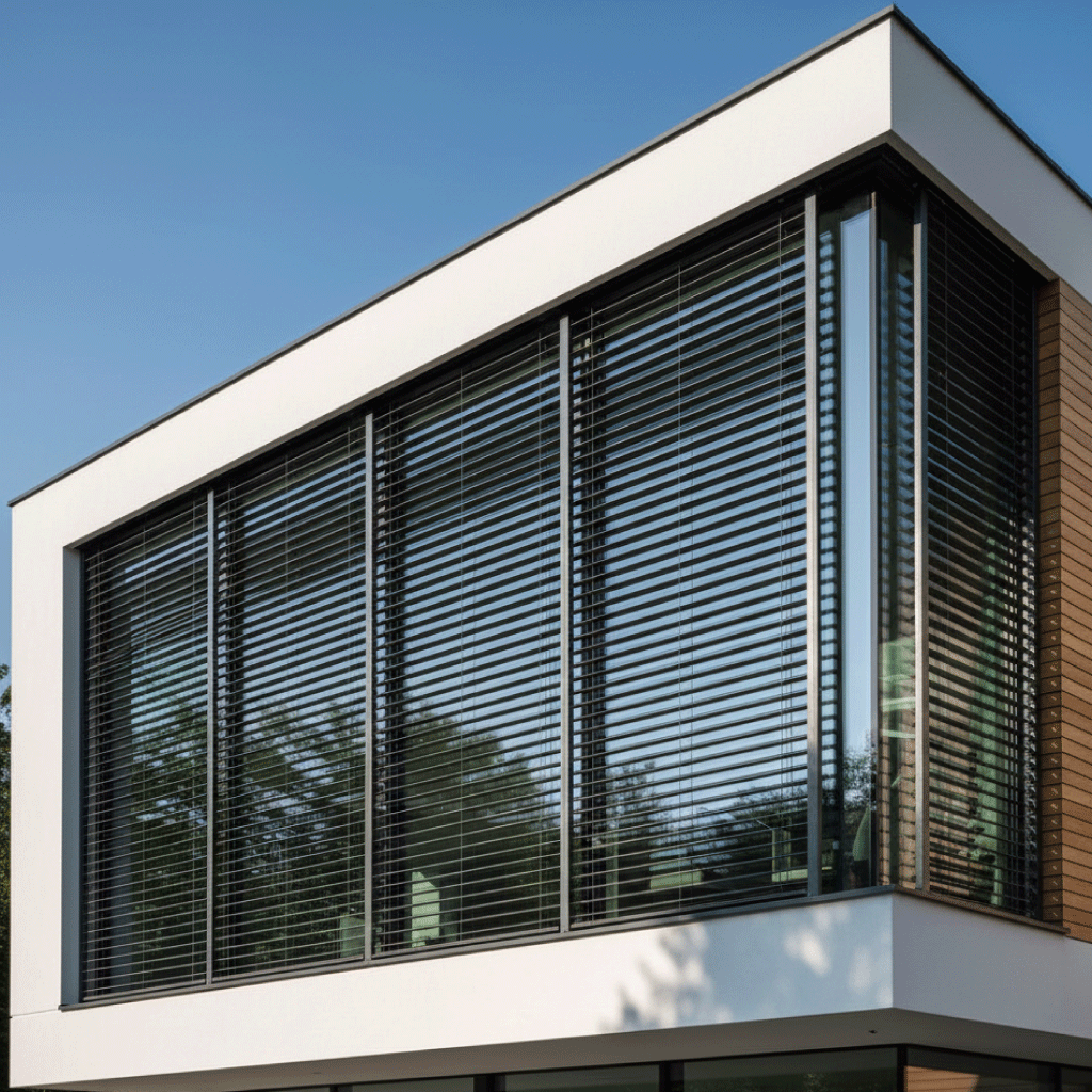 brise_soleil_orientable_1 Photo d'une baie vitrée avec brise-soleils orientables gris anthracite